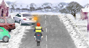 What should a driver be aware of when following the motorcyclist, and the white car is reversing onto the road?